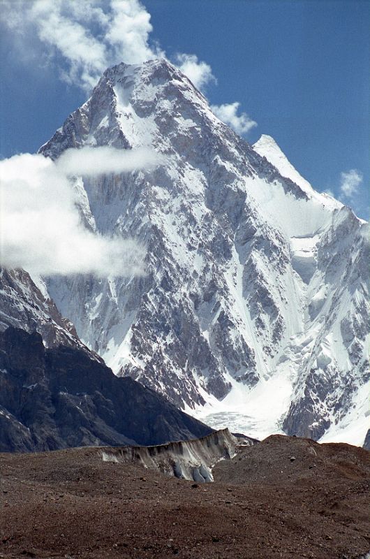 32 Gasherbrum IV From Baltoro Glacier Between Goro II and Concordia I continued up the Baltoro Glacier towards Concordia with Gasherbrum IV (colloquially called G4) dead ahead. The slightly taller Gasherbrum II (G2, 8035m) looms over G4's shoulder.